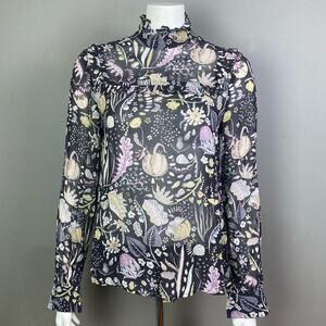 Jill Stuart Top Size 6 Long Sleeve NEW Black Multi Nature birds pumpkin Witchy